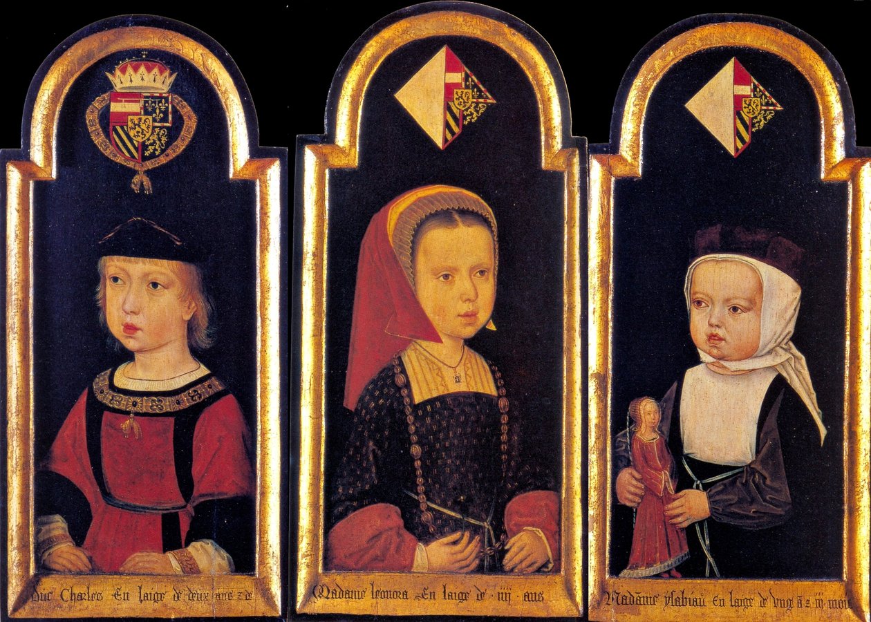 Ærkehertug Karl, den senere hellige romerske kejser Karl V., med sine søstre Eleanor og Isabella i en alder af 2 år, 1502 af Master of St.Georgsgilde