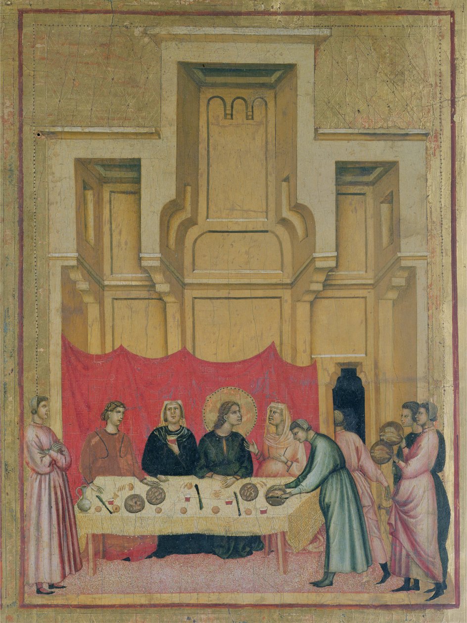 Sankt Cecilia og scener fra hendes liv; detalje af panelet øverst til venstre, der viser St. Cecilia spise ved et bord, ca. 1300 detalje af 50346 af Master of St. Cecilia