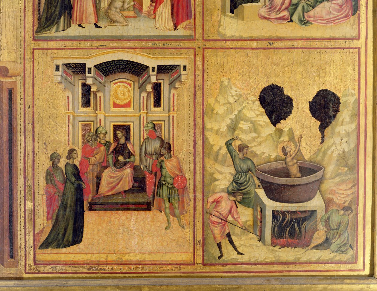 Cecilia og scener fra hendes liv: to scener, der viser den hellige Cecilia ført for præfekten til venstre og den hellige Cecilias martyrium til højre, ca. 1300, detalje af 50346 af Master of St. Cecilia