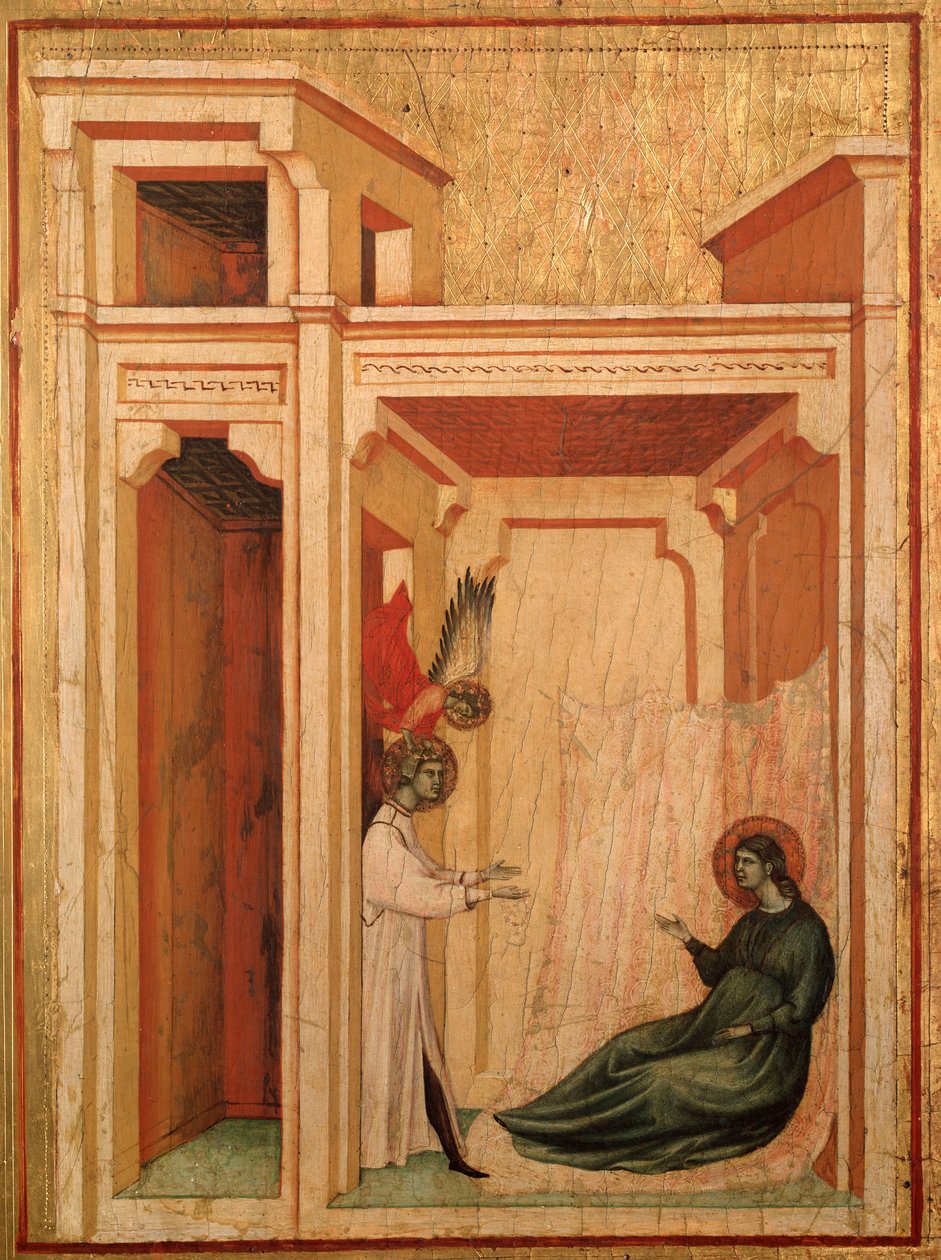 Skt. Cecilia og historien om hendes liv Detalje: Englen bringer blomster til Valerianus - altertavle, ca. 1290-1320 af Master of St. Cecilia