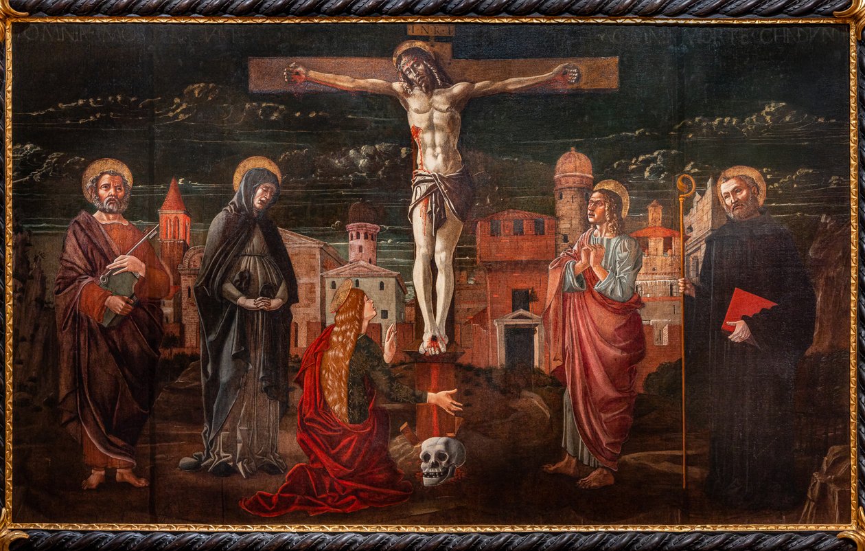 Den korsfæstede Kristus blandt Sankt Peter, Jomfruen, Maria Magdalena, apostlen Sankt Johannes og Sankt Benedikte af Master of St. Peter in Vicenza