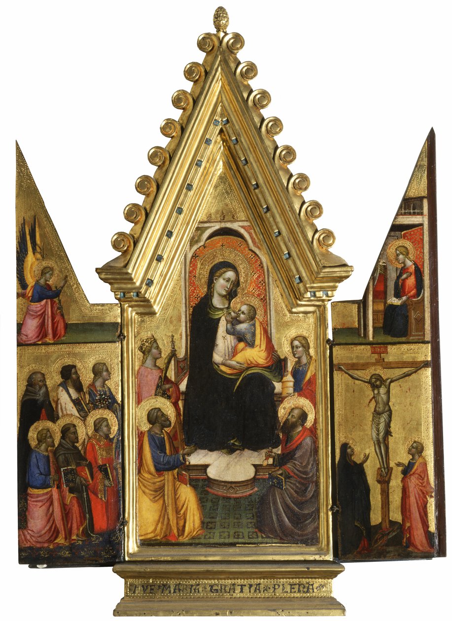 Triptykon: Jomfru Maria og barn med hellige, engle og korsfæstelsen af Master of St. Verdiana