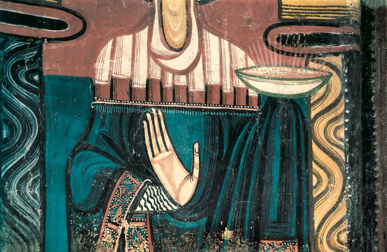 Jomfruen. Detalje. Fresko af Mesteren af Saint Clement de Taull. 1123 ca. Fra apsis i kirken Saint Clement de Taull (Sant Climent i Taull). Cataloniens Nationalmuseum for Kunst, Barcelona. af Master of Tahull