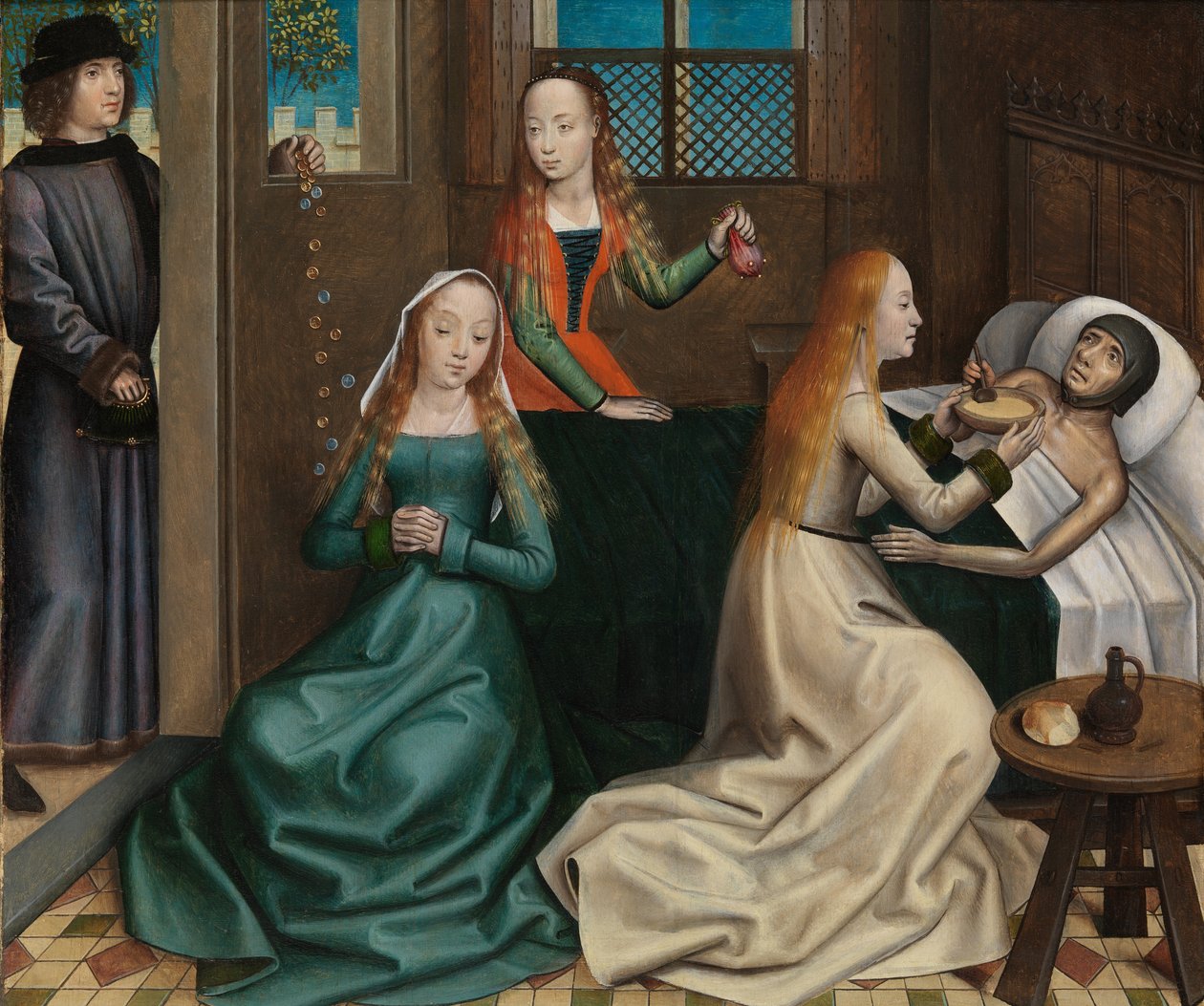 The Charity of St Nicholas, fra St. Nicholas altertavle, ca. 1486-93 (olie på panel) af Master of The Legend of St. Lucy