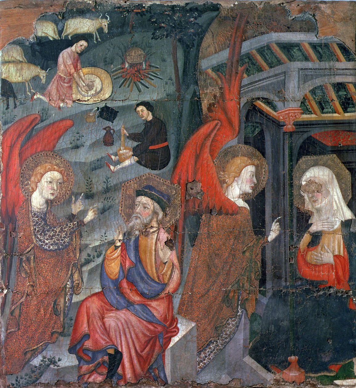 Bebudelsen med hyrder, der laver ost i baggrunden, fra en altertavle dedikeret til Jomfruen, fra Tora, Segarra, Lleida (tempera på panel) af Master of Tora