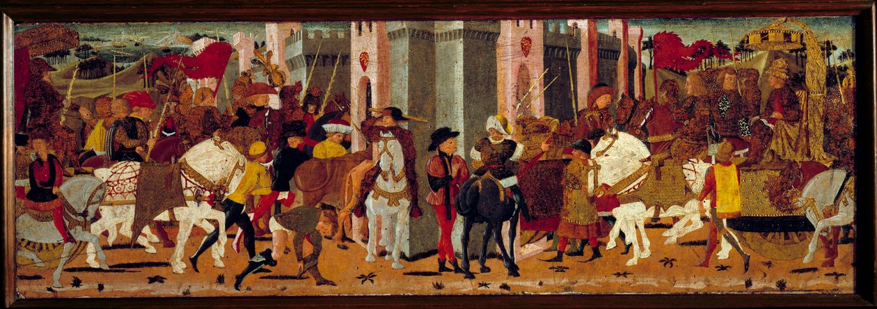 Triumfindgang til den romerske kejser Vespasian (9-79) og hans søn Titus til Rom. Detrempe på træ fra Master de Tournon de Sainte Croix af Master of Tournon de Sainte Croix