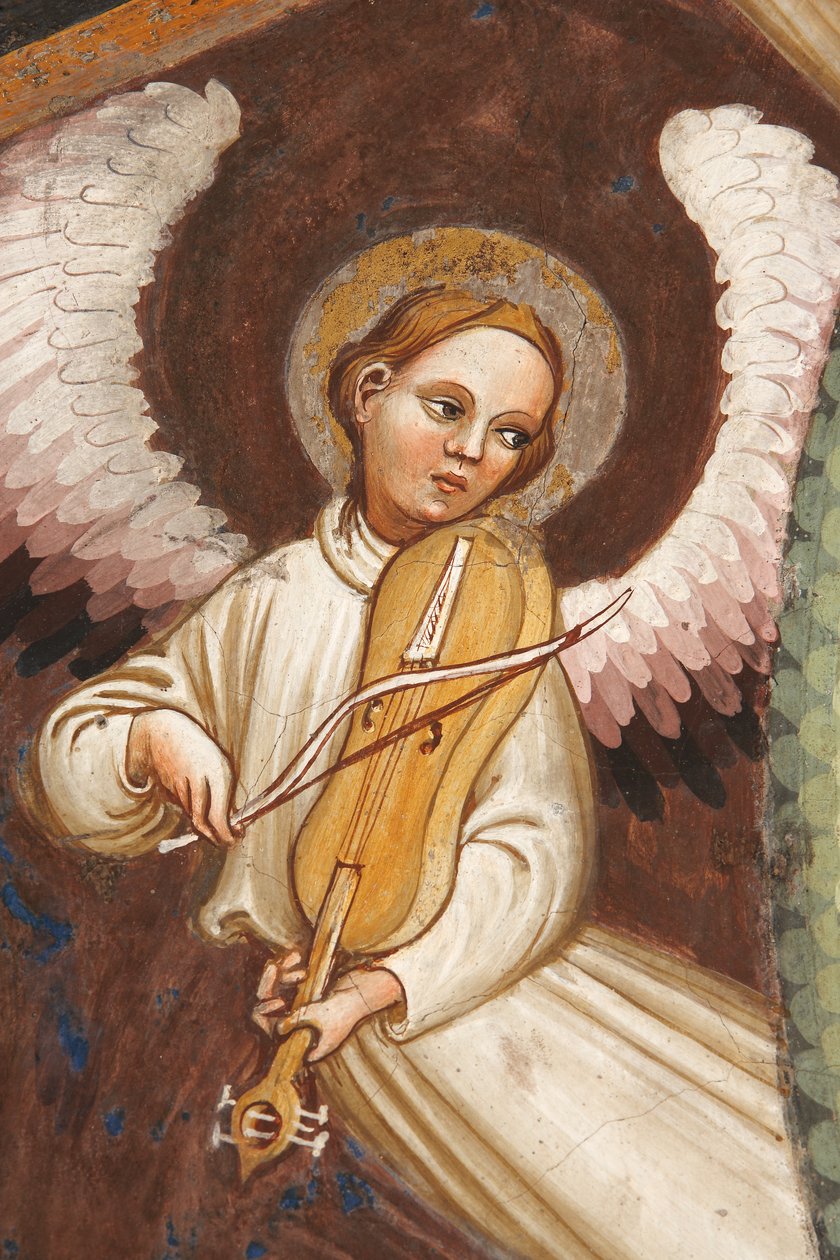 "Jomfruens himmelfart" og "Jomfru Maria, der slipper bæltet eller det hellige bælte til St. Thomas", Detalje af en engel, der spiller musik og en violin, ca. 1420 (fresko) af Master of Vignola