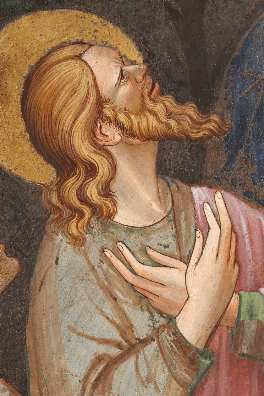 "Jomfruens himmelfart" og "Jomfru Maria, der slipper bæltet eller det hellige bælte til St. Thomas", Detalje af en apostel, ca. 1420 (fresco) af Master of Vignola