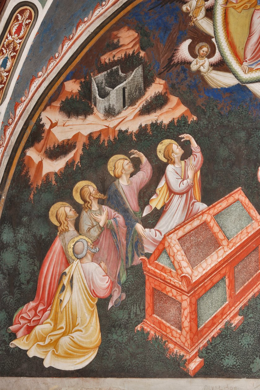 "Jomfruens himmelfart" og "Jomfru Maria, der slipper bæltet eller det hellige bælte til St. Thomas", Detalje af apostlene, ca. 1420 (fresco) af Master of Vignola