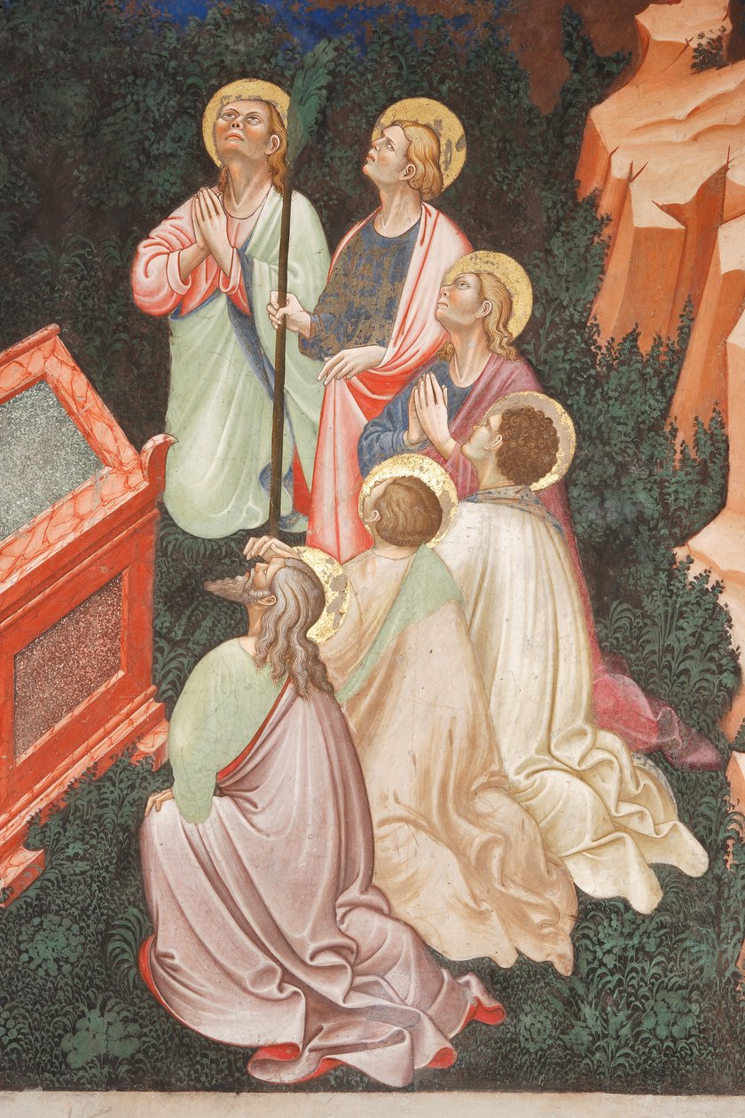 "Jomfruens himmelfart" og "Jomfru Maria, der slipper bæltet eller det hellige bælte til St. Thomas", Detalje af apostlene, ca. 1420 (fresco) af Master of Vignola