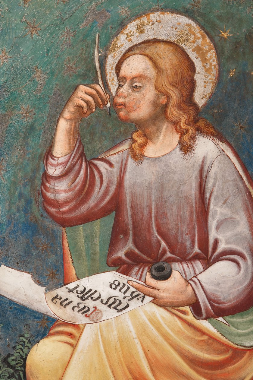"St. Matthew the Evangelist" skriver "Da Jesus blev født", ca. 1420 (fresko) Detalje, ca. 1420 (fresko) af Master of Vignola