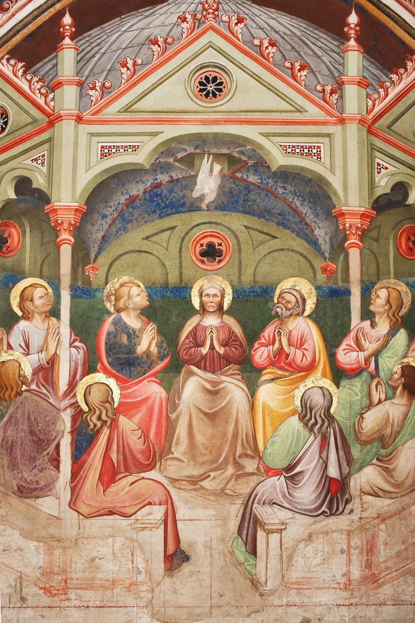 "Pinsen", Detalje med bedende helgener og Jomfru Maria og duen, ca. 1420 (fresko) af Master of Vignola