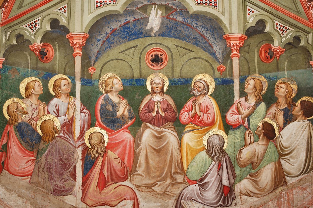 "Pinsen", Detalje med bedende helgener og Jomfru Maria og duen, ca. 1420 (fresko) af Master of Vignola