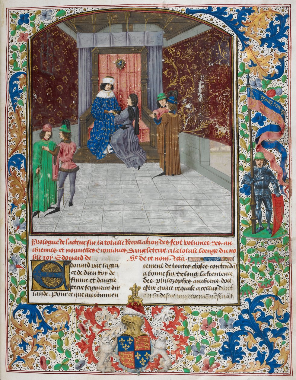 Edward IV på tronen, iført ordenen af det gyldne skind, modtog bogen fra Jean Wavrin, fra 