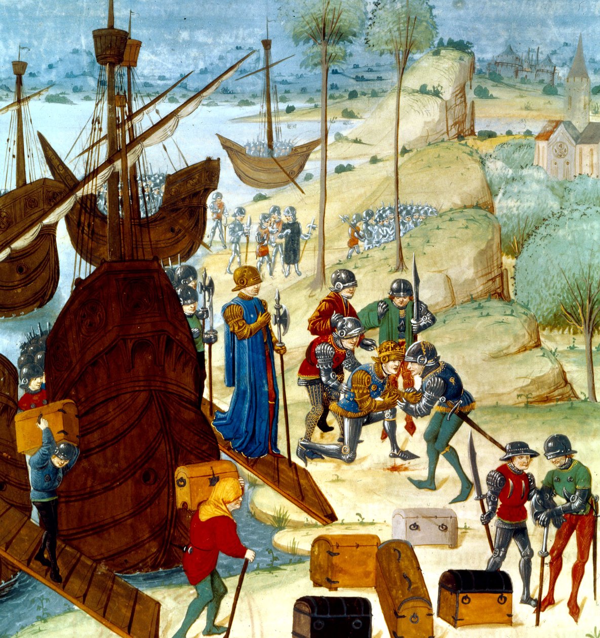 Kong Edward III ankommer til Saint Vaast La Hogue den 12. juli 1346, illustration fra Chroniques dAngleterre af Master of Wavrin