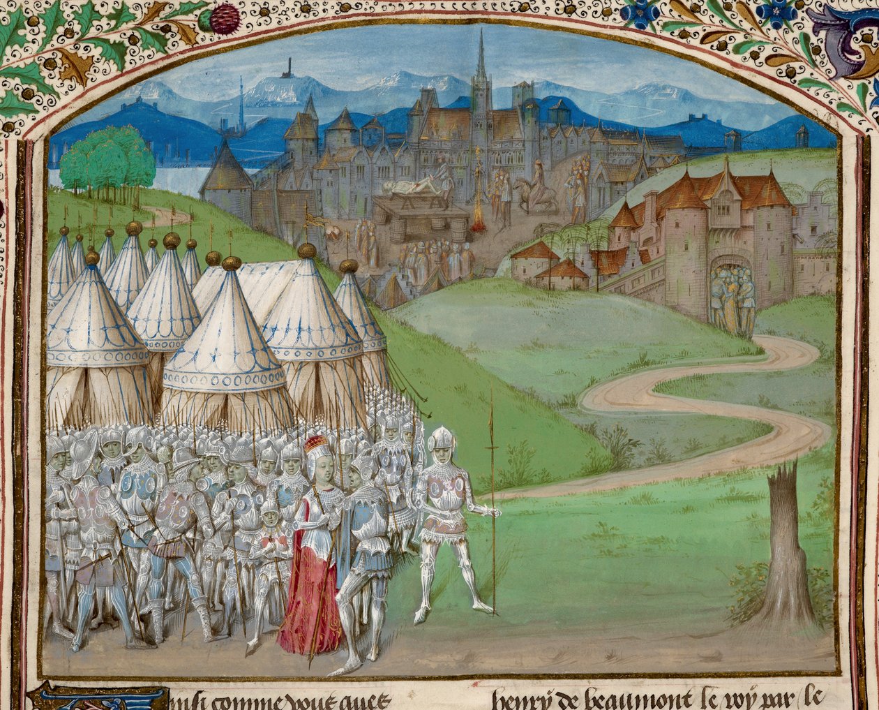 Royal 15 E. IV f.316v Dronning Isabella og hendes hær med inddelingen af Hugh le Despensers krop i baggrunden, illustration fra 