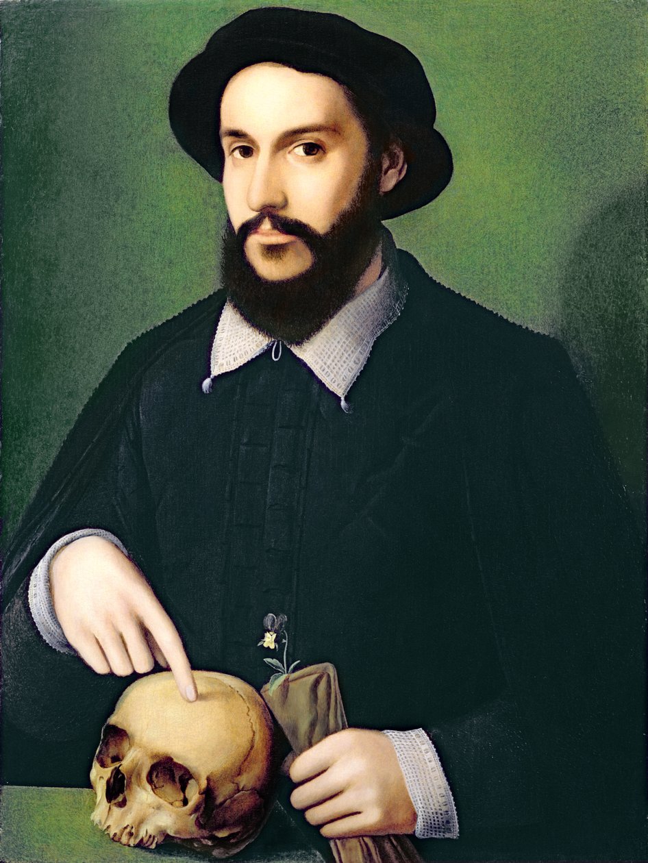 Portræt af en herre med højre hånd pegende på et kranium, ca. 1540 af Master of the 1540s