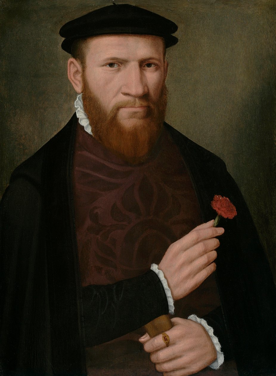 Portræt af en mand med højre hånd, der holder en rød nelliker og i venstre en handske, 1540-51 af Master of the 1540s