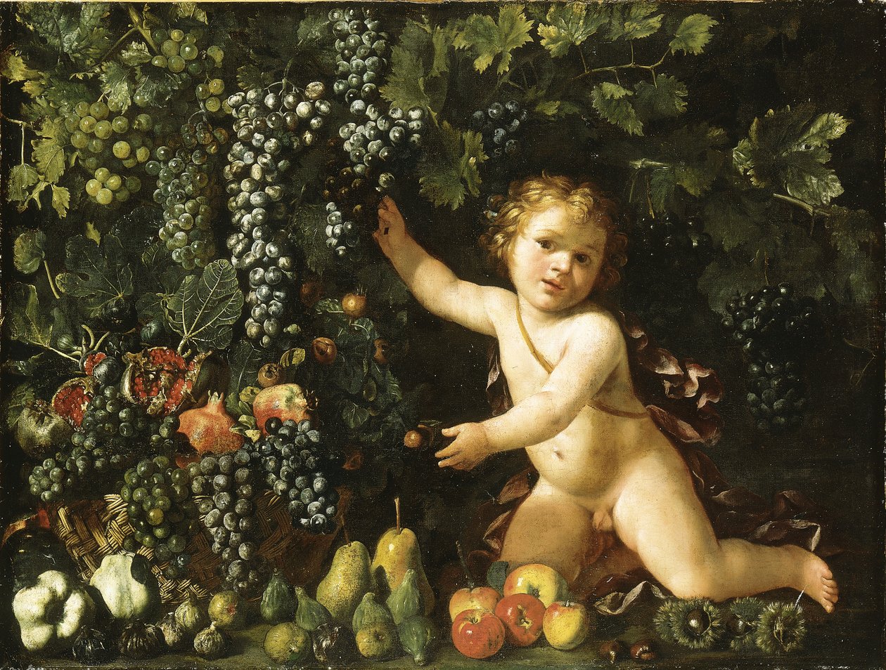 Druer på vinstokken, granatæbler, vindruer og hyben i en kurv, med figner, æbler, pærer og kastanjer ved en putto af Master of the Acquavella Still Life