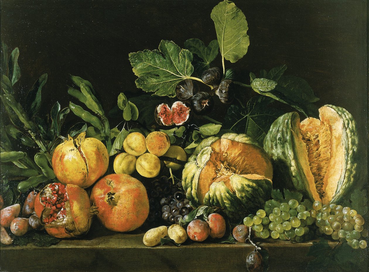 Granatæbler, meloner, druer, ferskner, figner og andre frugter på en stenkant af Master of the Acquavella Still Life