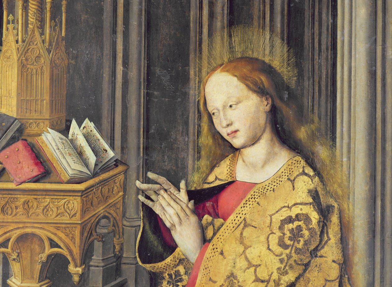 Jomfru Maria læser fra en bog med timer, ca. 1445 (detalje af 26541) af Master of the Aix Annunciation
