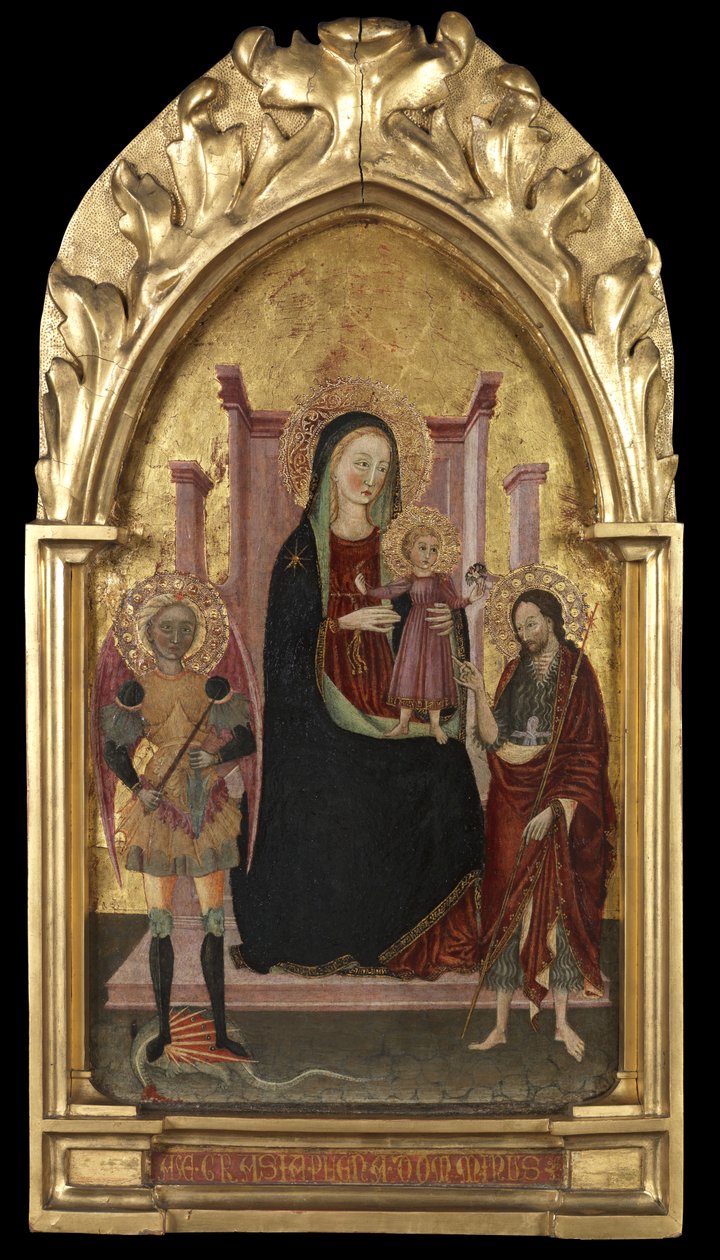 Jomfru og barn på tronen med Sankt Michael og Sankt Johannes Døberen, ca. 1440-70 af Master of the Arcetri Altarpiece