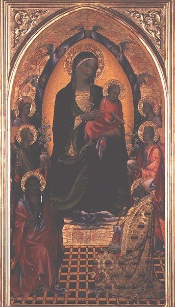 Madonna og barn med St. Johannes Døberen og St. Nicholas af Myra (tempera på panel) af Master of the Bambino Vispo