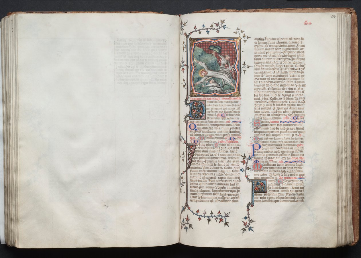 The Gotha Missal: Fol. 103r, St. Andrew bliver bundet til korset, ca. 1375. af Master of the Boqueteaux