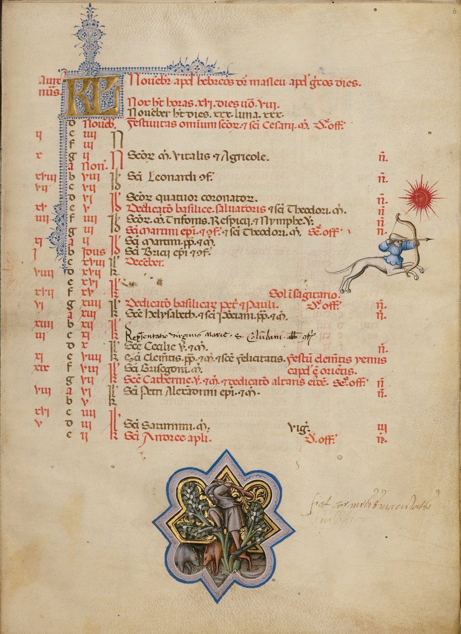 En mand, der banker agern ned fra et træ; Skyttens stjernetegn af Master of the Brussels Initials