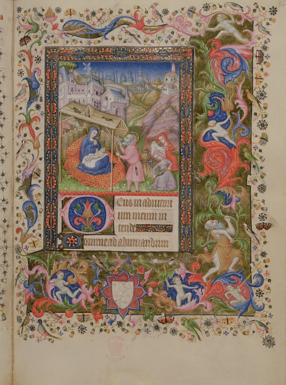 Tilføj 29433 f.56 Nativity, from a Book of Hours, c.1407 (vellum) (se også 16338 & 16339) af Master of the Brussels Initials
