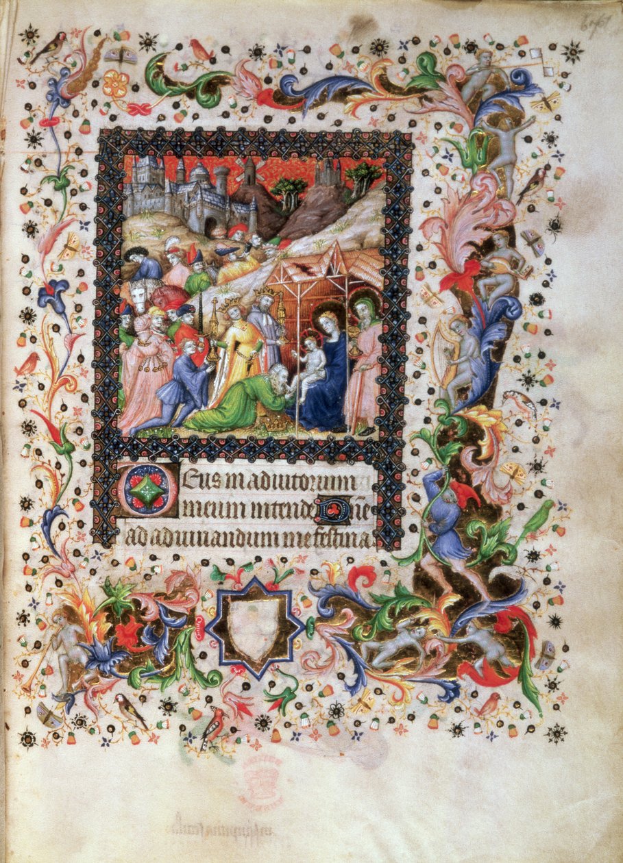 Tilføj 29433 f.67 Tilbedelse af barnet, fra en timebog, c.1407 (vellum) af Master of the Brussels Initials