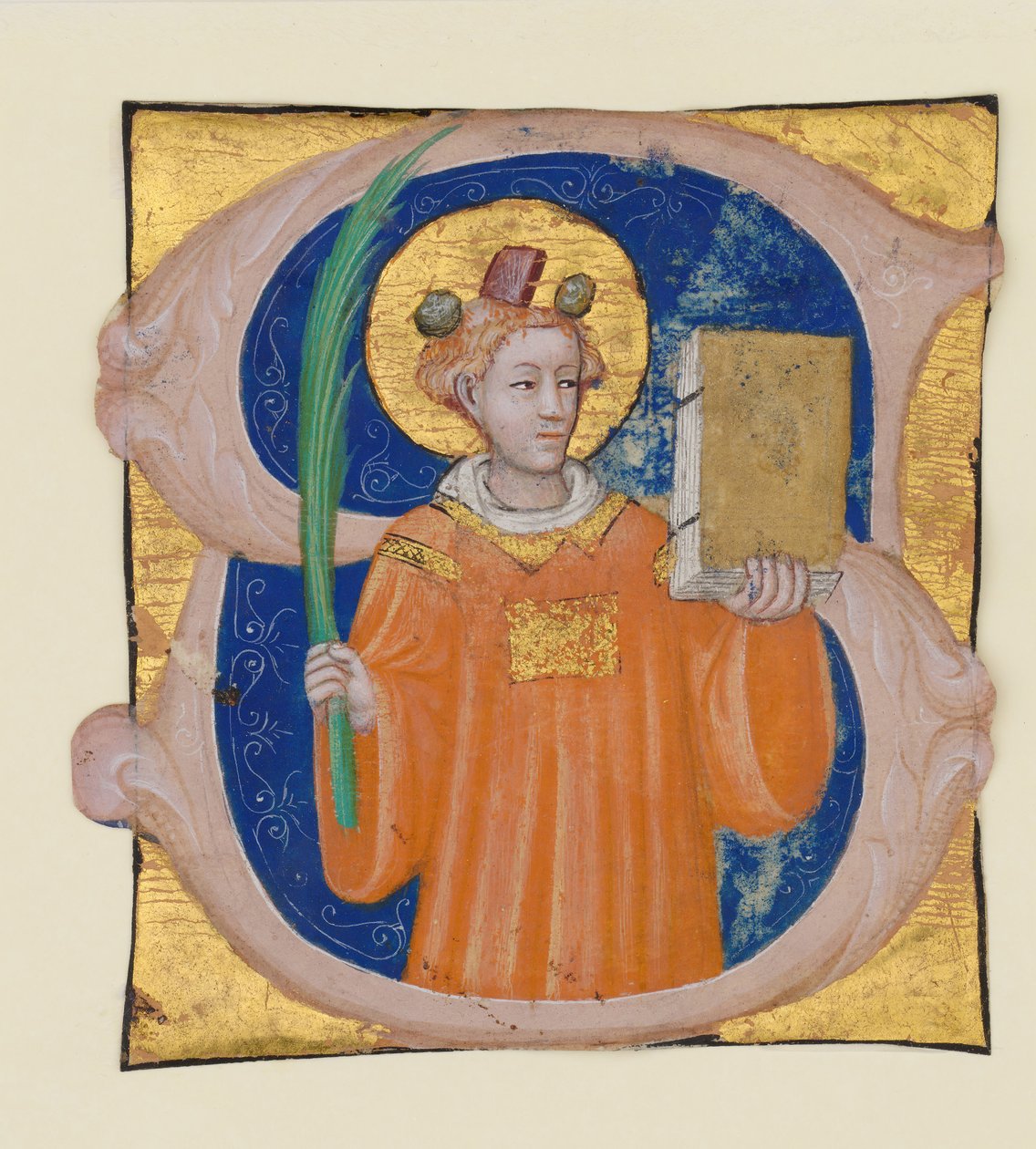 Manuskriptbelysning med Saint Stephen i et indledende S, fra et antifonarium, italiensk, ca. 1410-2 af Master of the Brussels Initials