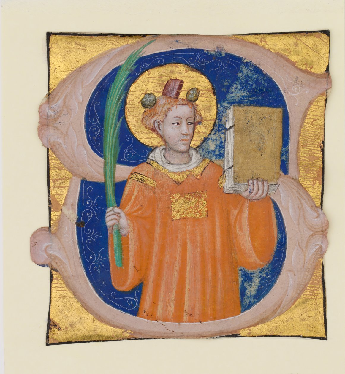 Manuskriptbelysning med Saint Stephen i et indledende S, fra et antifonarium, ca. 1410-20. af Master of the Brussels Initials