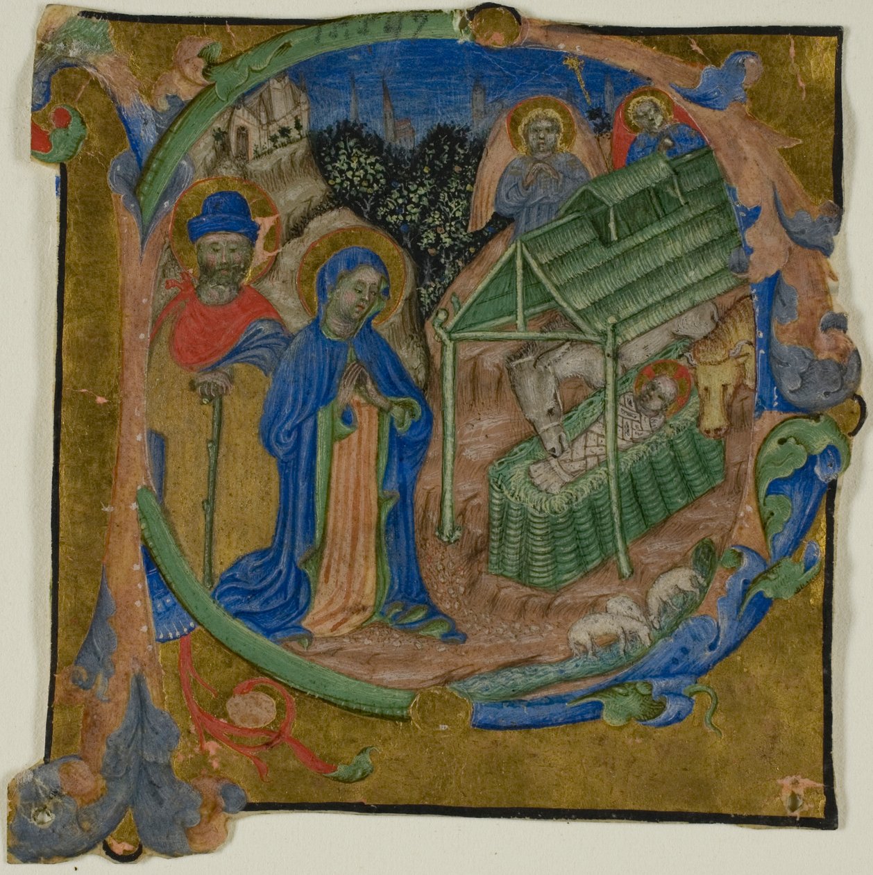 Fødslen i et historiseret initialt "P" fra en koralbog af Master of the Brussels Initials