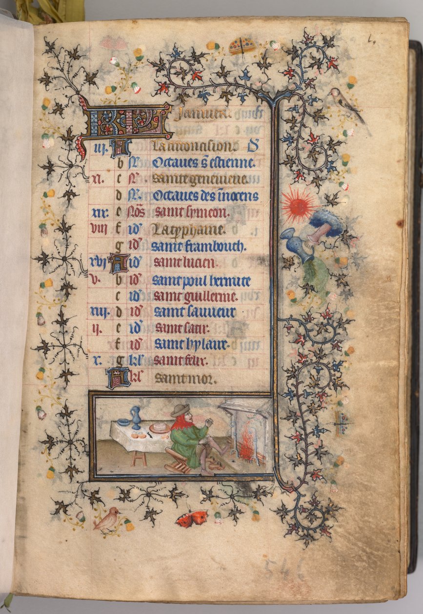 Timer for Karl den Adelige, konge af Navarra 1361-1425: fol. 1r, januar, ca. 1405. af Master of the Brussels Initials and Associates
