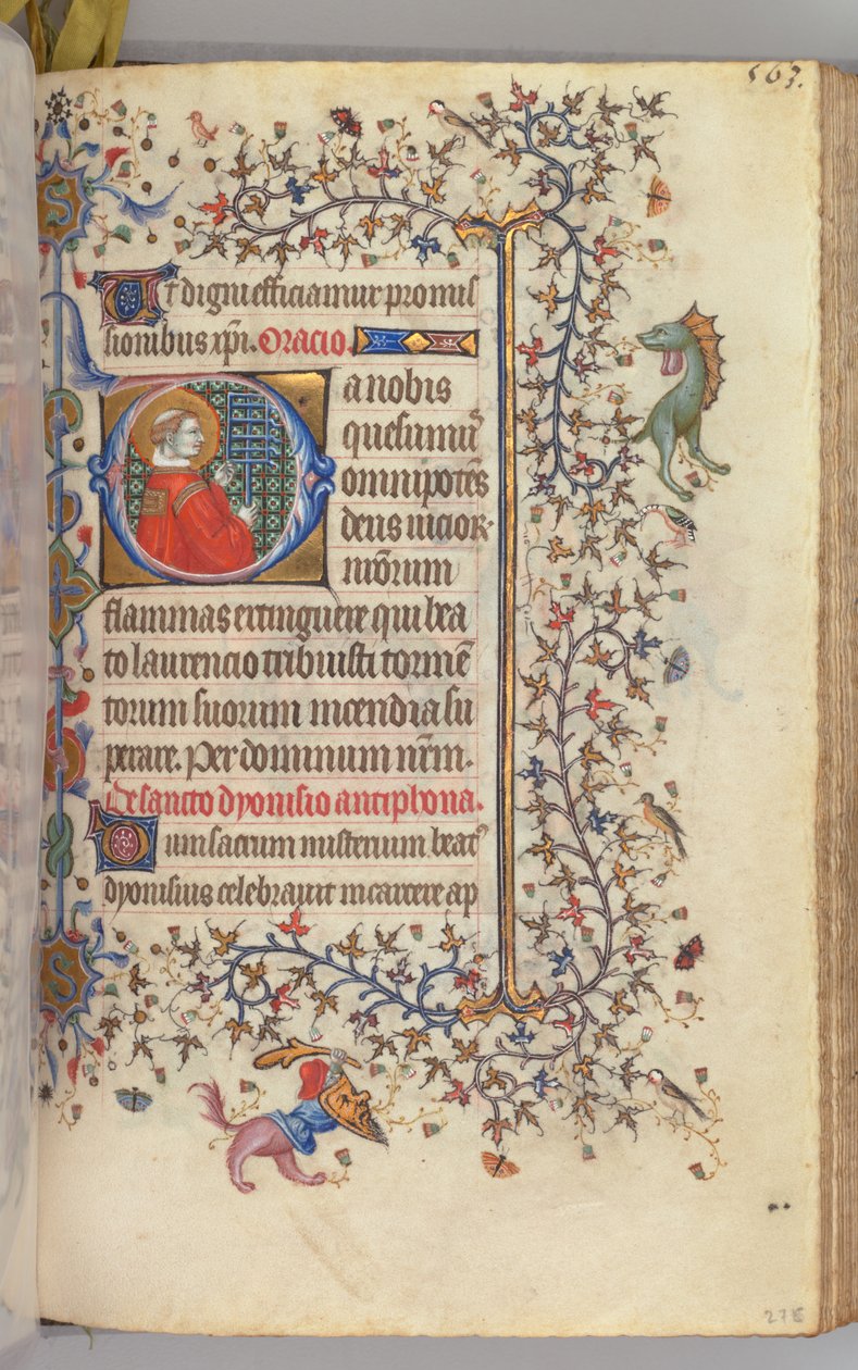 Timer for Karl den Adelige, konge af Navarra 1361-1425, fol. 276r, St. Lawrence, ca. 1405. af Master of the Brussels Initials and Associates