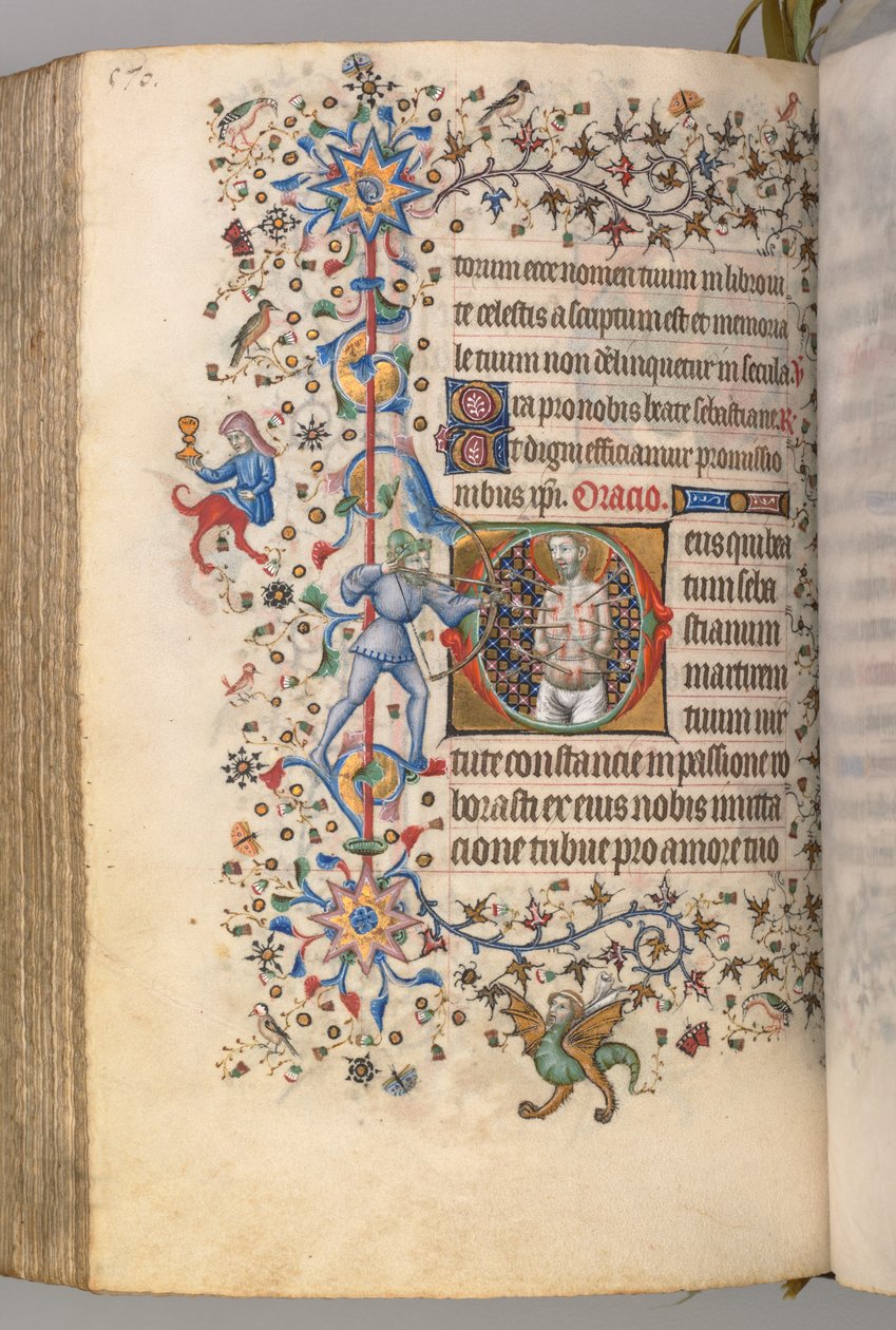 Timer for Karl den Adelige, konge af Navarra 1361-1425, fol. 279v, Sankt Sebastian, ca. 1405. af Master of the Brussels Initials and Associates