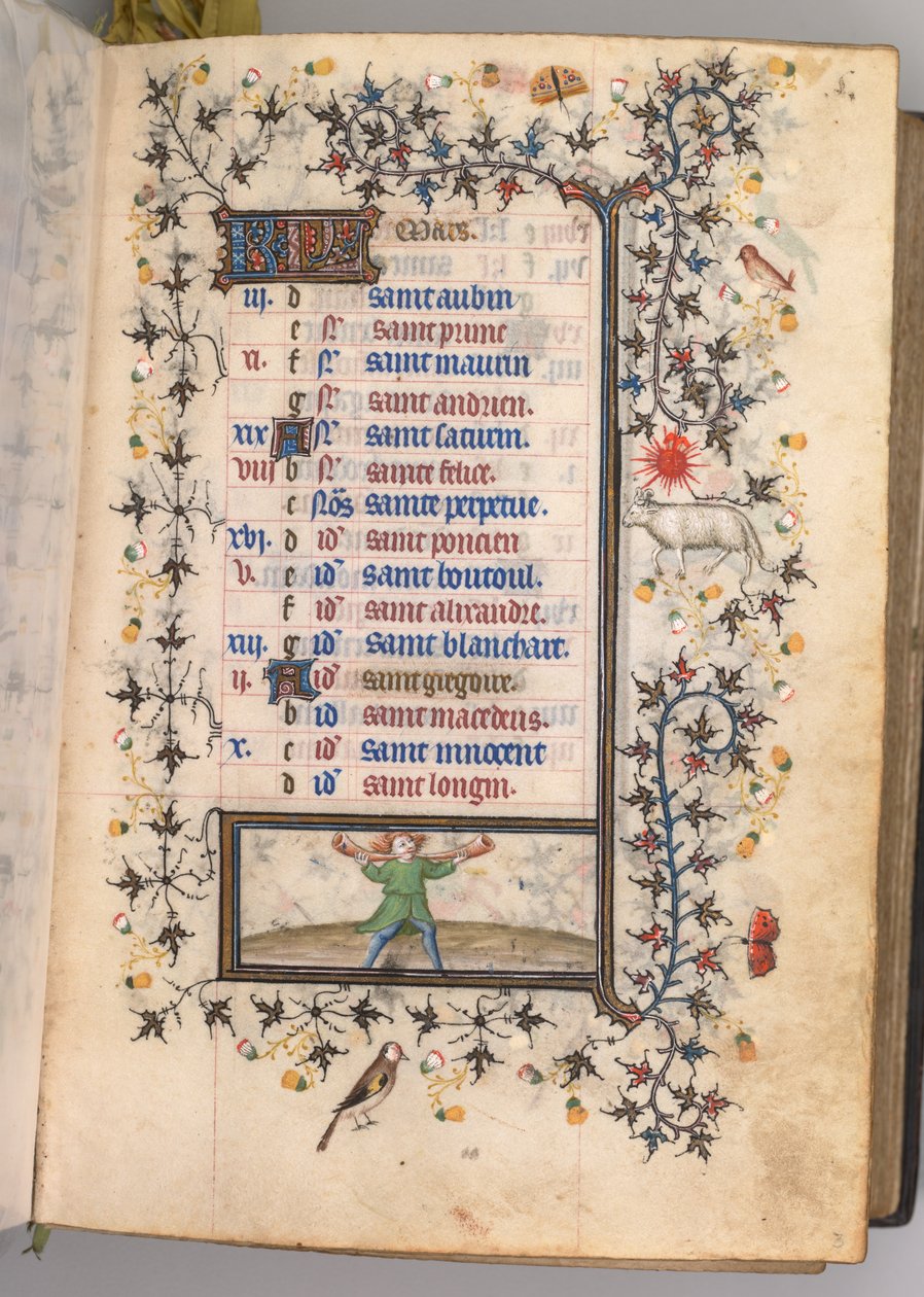 Timer for Karl den Adelige, konge af Navarra 1361-1425: fol. 3r, marts, ca. 1405. af Master of the Brussels Initials and Associates