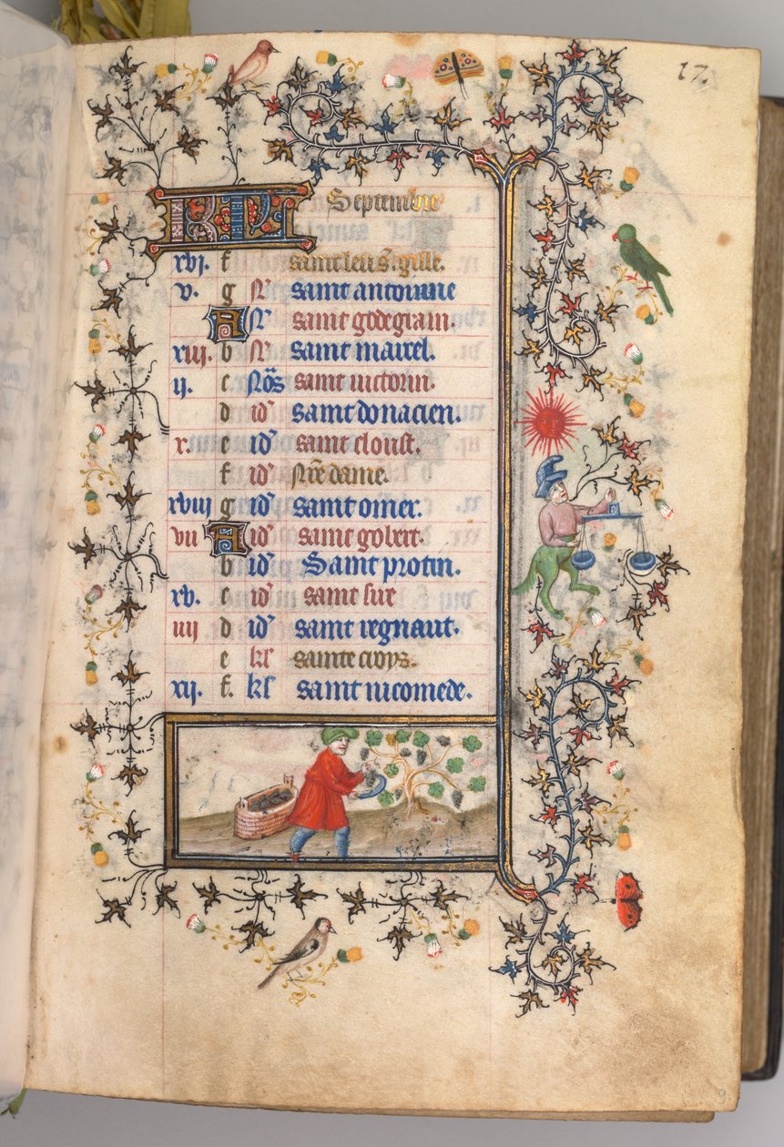 Timer for Karl den Adelige, konge af Navarra 1361-1425: fol. 9r, september, ca. 1405. af Master of the Brussels Initials and Associates