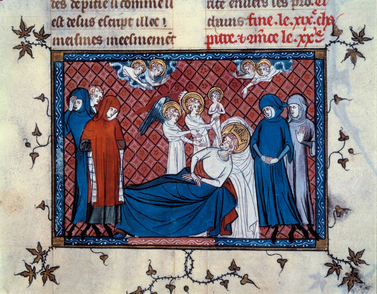 Saint Louis død i Tunis den 25. august 1270. miniature fra manuskriptet "Life and Miracles of Saint Louis"" (side 277), oplyst af Mahiet og skrevet af William af Saint-Pathus af Master of the Cambrai Missal Mahiet