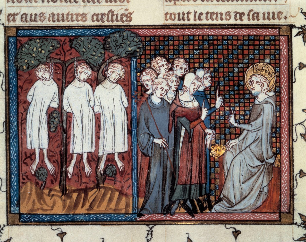 Henrettelser beordret af Enguerrand IV de Coucy. Louis IX yder retfærdighed. Miniature af Mahiet i "" Life and miracles of Saint Louis""", manuskript af Guillaume De Saint Pathus af Master of the Cambrai Missal Mahiet