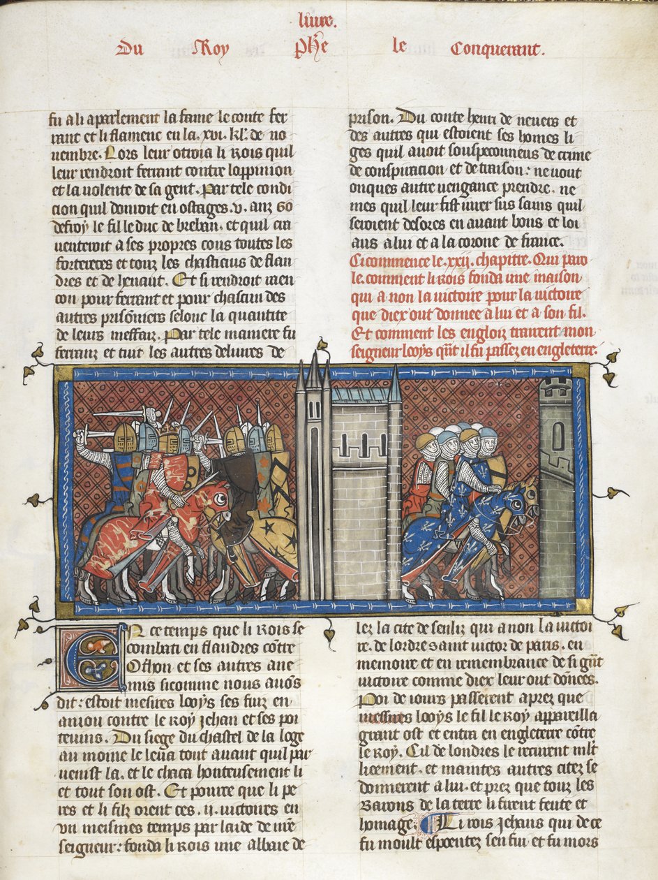 Royal 16 G. VI f.385 Et slag med John, konge af England, og Louis VIII på marchen, fra 