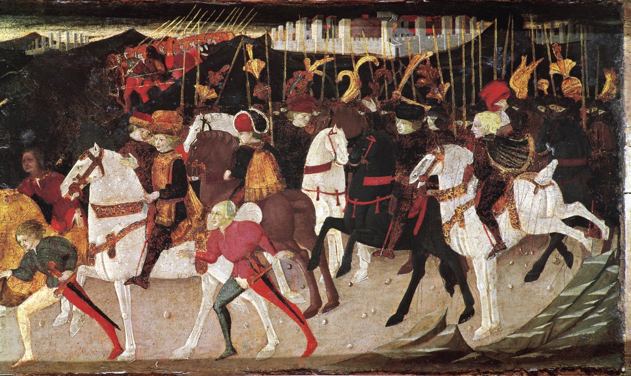 Decameron de Boccaccio (Jean Boccaccio): historie om Alatiel, datter af sultanen af Babylon Beminedab, detaljer, der repræsenterer ryttere og sider (Historie om Alatiel datter af Beminedab, sultanen af Babylon, ryttere og sider) (7. nyheder fra den anden d af Master of the Cassoni