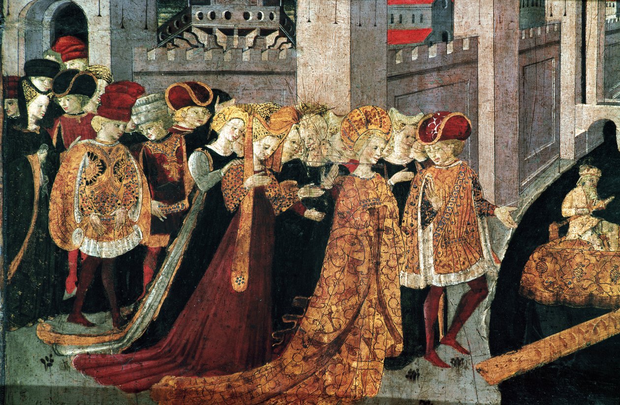 Decameron de Boccaccio (Jean Boccaccio): Chatelain Pericone byder velkommen til Alatiel, datter af sultanen af Babylon Beminedab og hendes suite på øen Mallorca (Pericone da Visalgo byder velkommen til Alatiel, datter af Beminedab, Sultanen af Babylon, på  af Master of the Cassoni