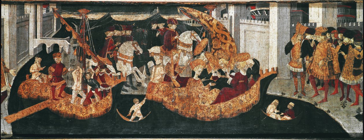 Decameron de Boccaccio (Jean Boccaccio): Chatelain Pericone byder velkommen til Alatiel, datter af sultanen af Babylon Beminedab og hendes suite på øen Mallorca (Pericone da Visalgo byder velkommen til Alatiel, datter af Beminedab, Sultanen af Babylon, på  af Master of the Cassoni