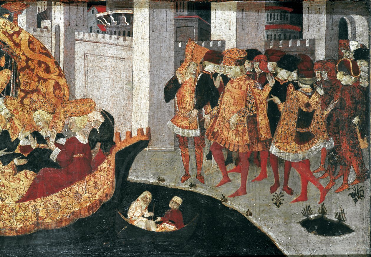 Decameron de Boccaccio (Jean Boccaccio): Chatelain Pericone byder velkommen til Alatiel, datter af sultanen af Babylon Beminedab og hendes suite på øen Mallorca (Pericone da Visalgo byder velkommen til Alatiel, datter af Beminedab, Sultanen af Babylon, på  af Master of the Cassoni