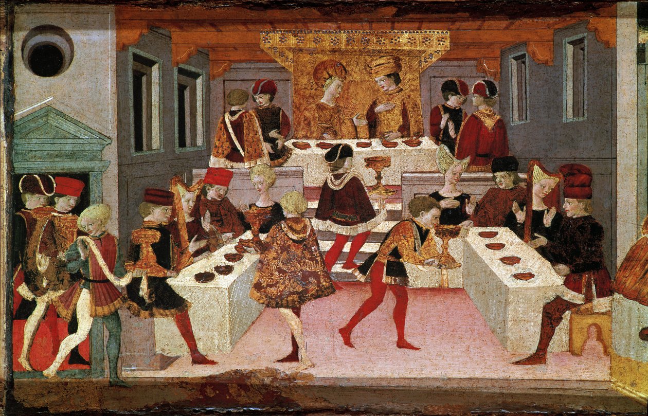 Decameron de Boccaccio (Jean Boccaccio): banketten arrangeret af Chatelain Pericone for at byde velkommen til Alatiel, datter af sultanen af Babylon Beminedab og hendes suite på øen Mallorca (banket arrangeret af Pericone da Visalgo for at byde velkommen t af Master of the Cassoni