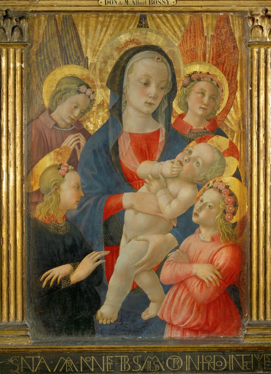 Madonna med barn, omgivet af fire engle ... af Master of the Castello Nativity