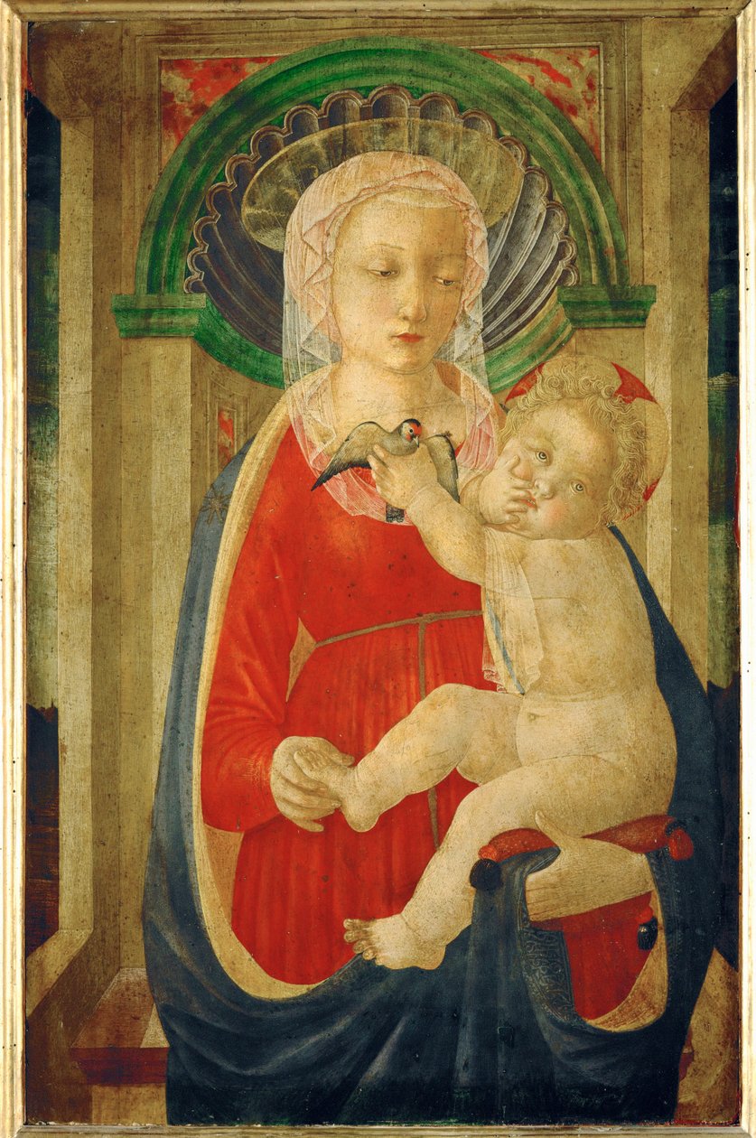 Madonna og barn med en guldfinke ... af Master of the Castello Nativity