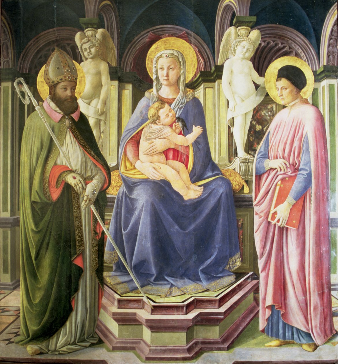 Madonnaen og barnet med SS. Clement og Justin, 1449-50 af Master of the Castello Nativity
